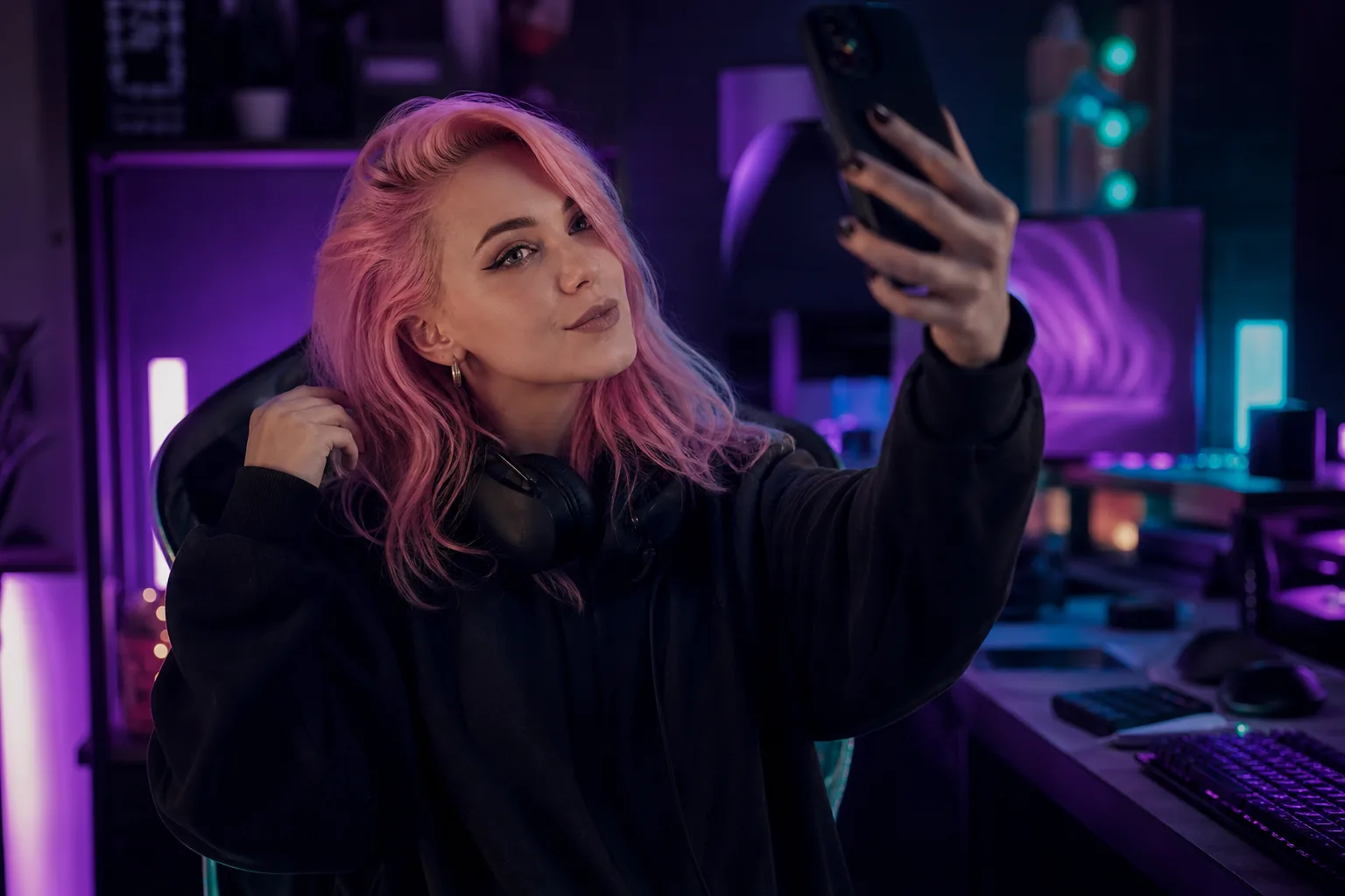 Adult creator with pastel pink hair and winged eyeliner filming herself at a gaming desk lit by purple and teal LED strips