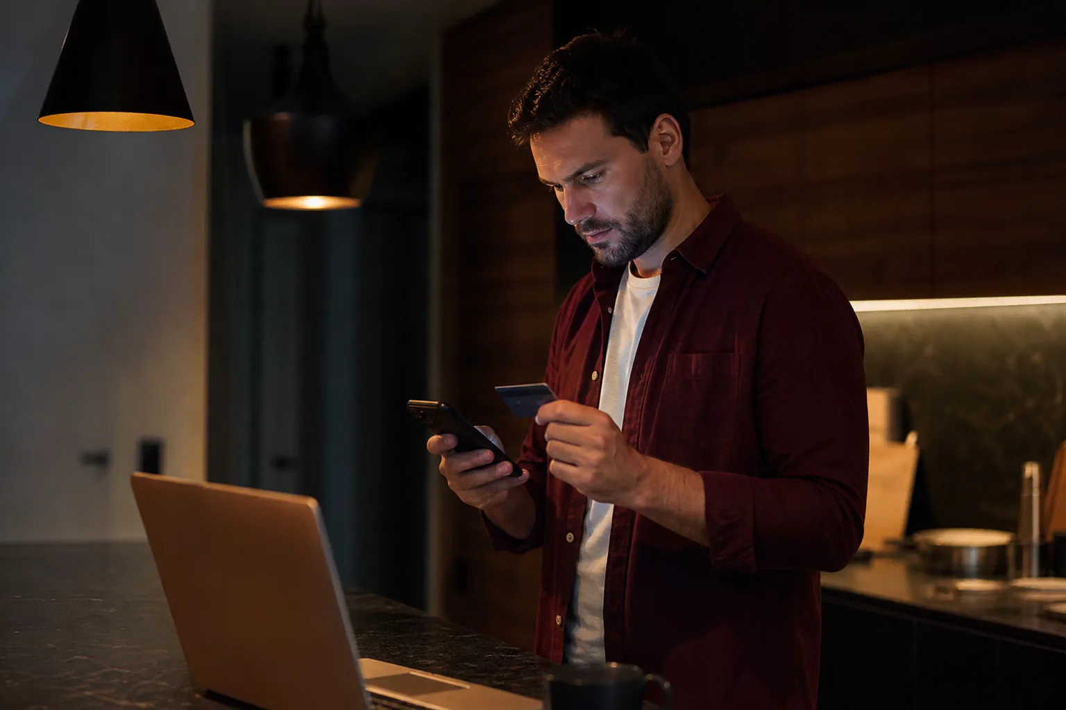 Adult man at a kitchen counter at night holding a debit card while confirming a payment code on his phone, laptop open beside him