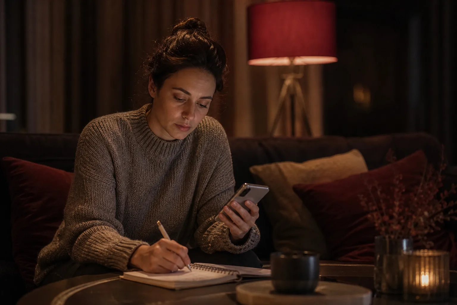 Adult woman on a sofa in the evening checking subscription prices on her phone next to a notebook