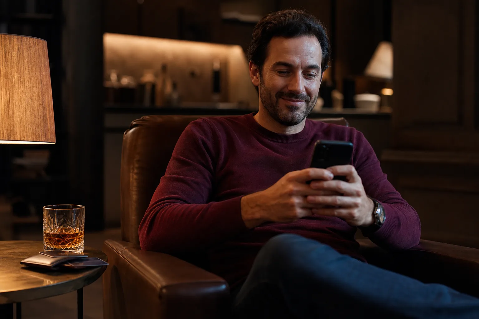 Adult man in an armchair at night checking a discounted subscription on his phone, wallet on the table