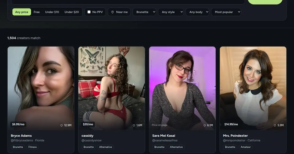 Results filtered by brunette hair, each card with price and likes