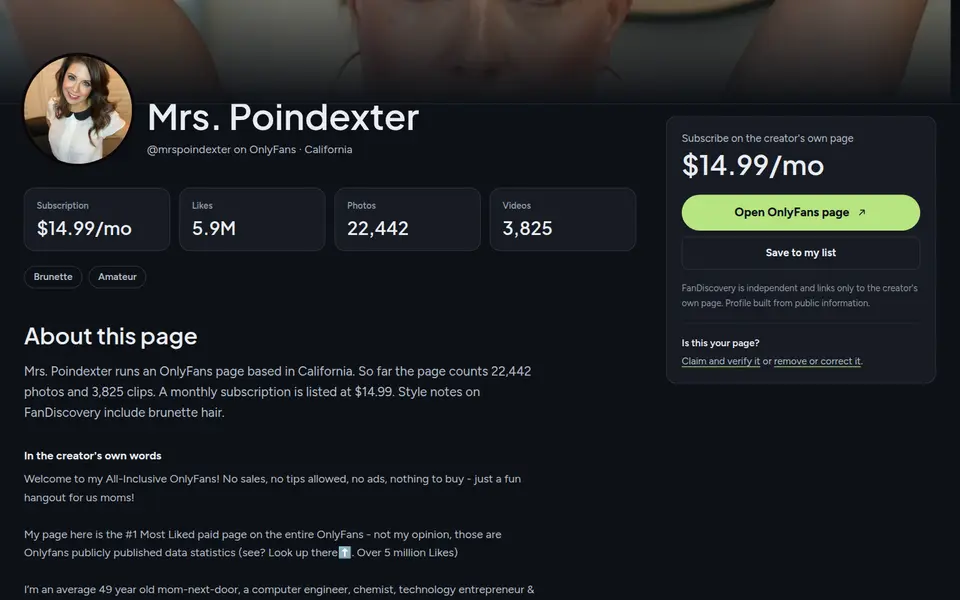 Creator page with subscription price, counters and the button to the creator's own page